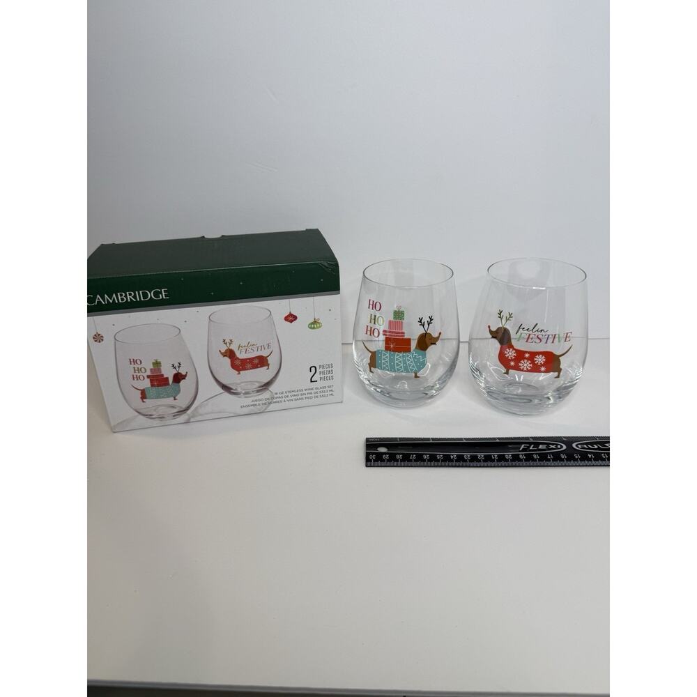 Cambridge Christmas Stemless Wine Glasses Dachshund Reindeer 18oz Set of 2